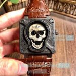 Bell & Ross Replica Instruments BR-01 Burning Skull Black Skull Dial Brown Leather Strap Watch